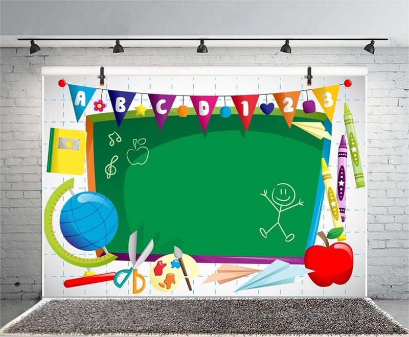 Leyiyi 8x6ft Vinyl Photography Background Welcome to Kindergarten Backdrop ABC Letters Blackboard Watercolor Pen Paper Airplane Globe Back to School Themed Party Backdrops Banner - Image 2